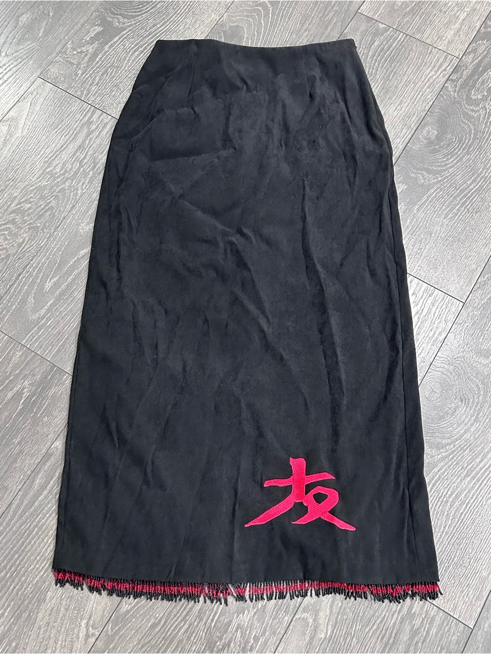 Vintage 90s Clio Made In USA black faux suede embroidered bead fringe skirt Sz 8